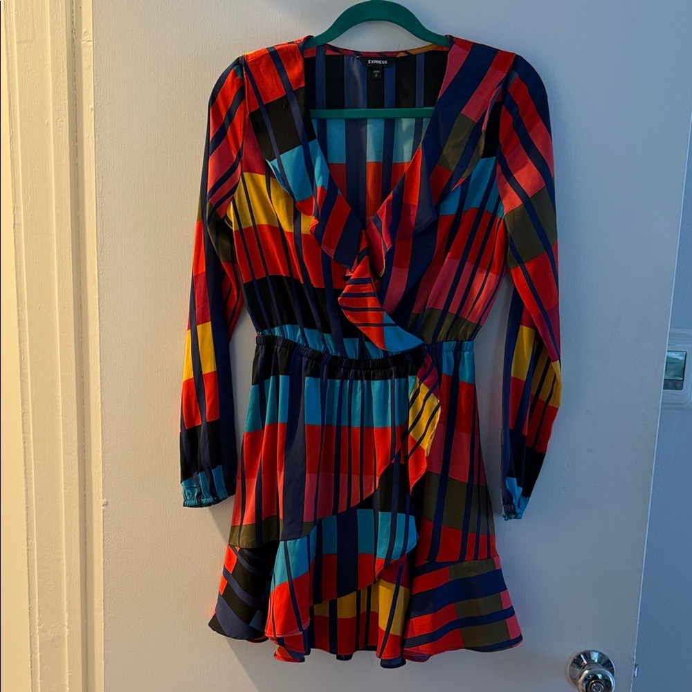 Express Red, Blue, Yellow & Black Striped Long Sleeve Wrap Dress